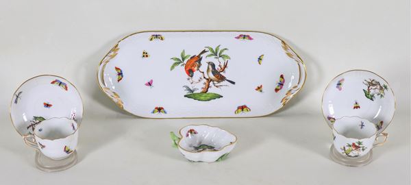 Herend polychrome porcelain coffee tete a tete, decorated with motifs of butterflies, insects and birds (4 pcs)