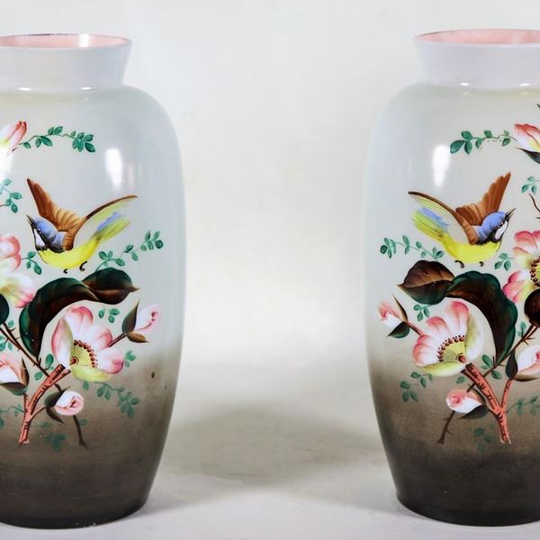 Pair of French Art Nouveau vases in opaline glass, with polychrome enamel decorations in relief with motifs of flowers, leaves and birds