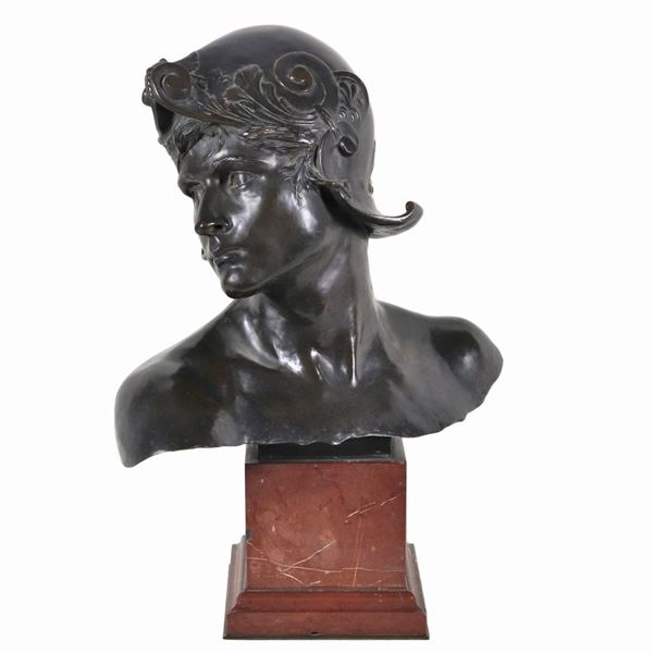 Emmanuel Hannaux - Signed. "Mercury", bronze bust supported by a quadrangular base in red French marble