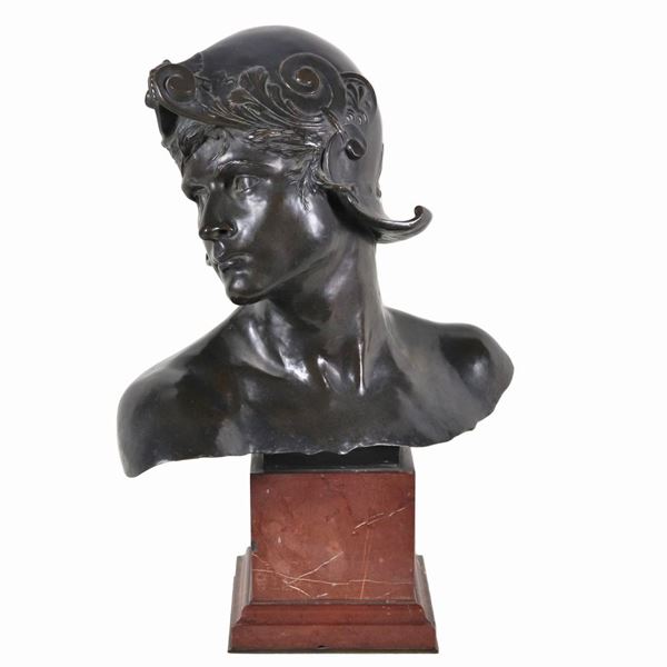 Emmanuel Hannaux - Firmato. "Mercurio", busto in bronzo sorretto da base quadrangolare in marmo rosso di Francia