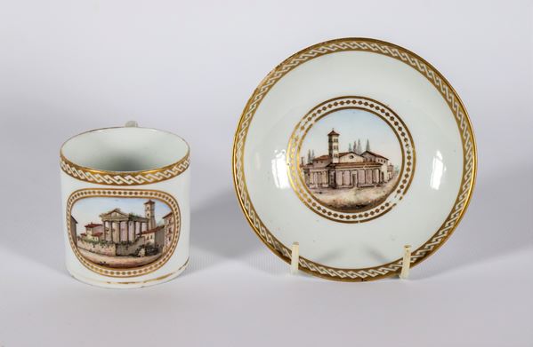 Antique cup and saucer in white porcelain and pure gold, with painted panels "The Temple of Portuno" and "The Basilica of Santa Maria in Cosmedin"