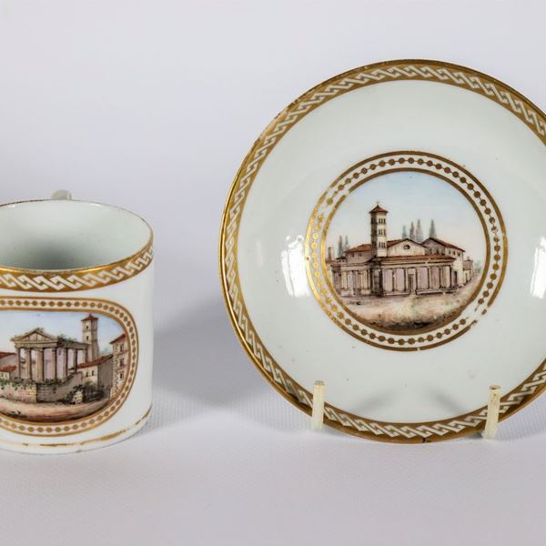 Antique cup and saucer in white porcelain and pure gold, with painted panels "The Temple of Portuno" and "The Basilica of Santa Maria in Cosmedin"