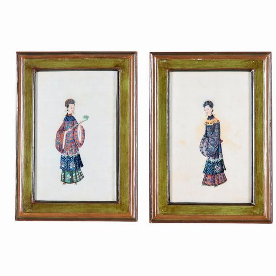 "Warriors and Courtesans", lot of four ancient small paintings on rice paper