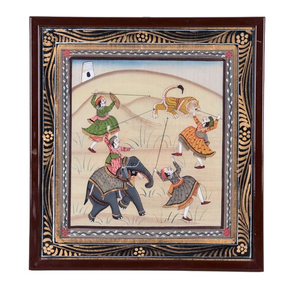 "Caccia alla tigre", piccolo disegno indiano dipinto su seta