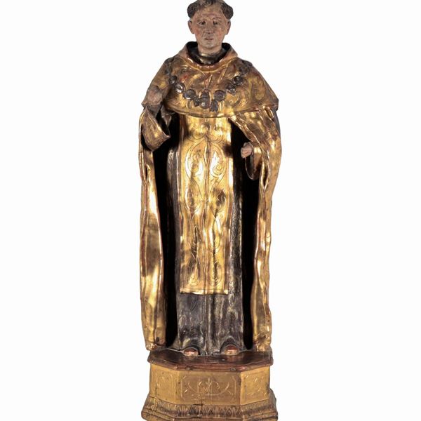 "Santo", antica scultura in legno policromo e dorato, mancante di parti delle mani