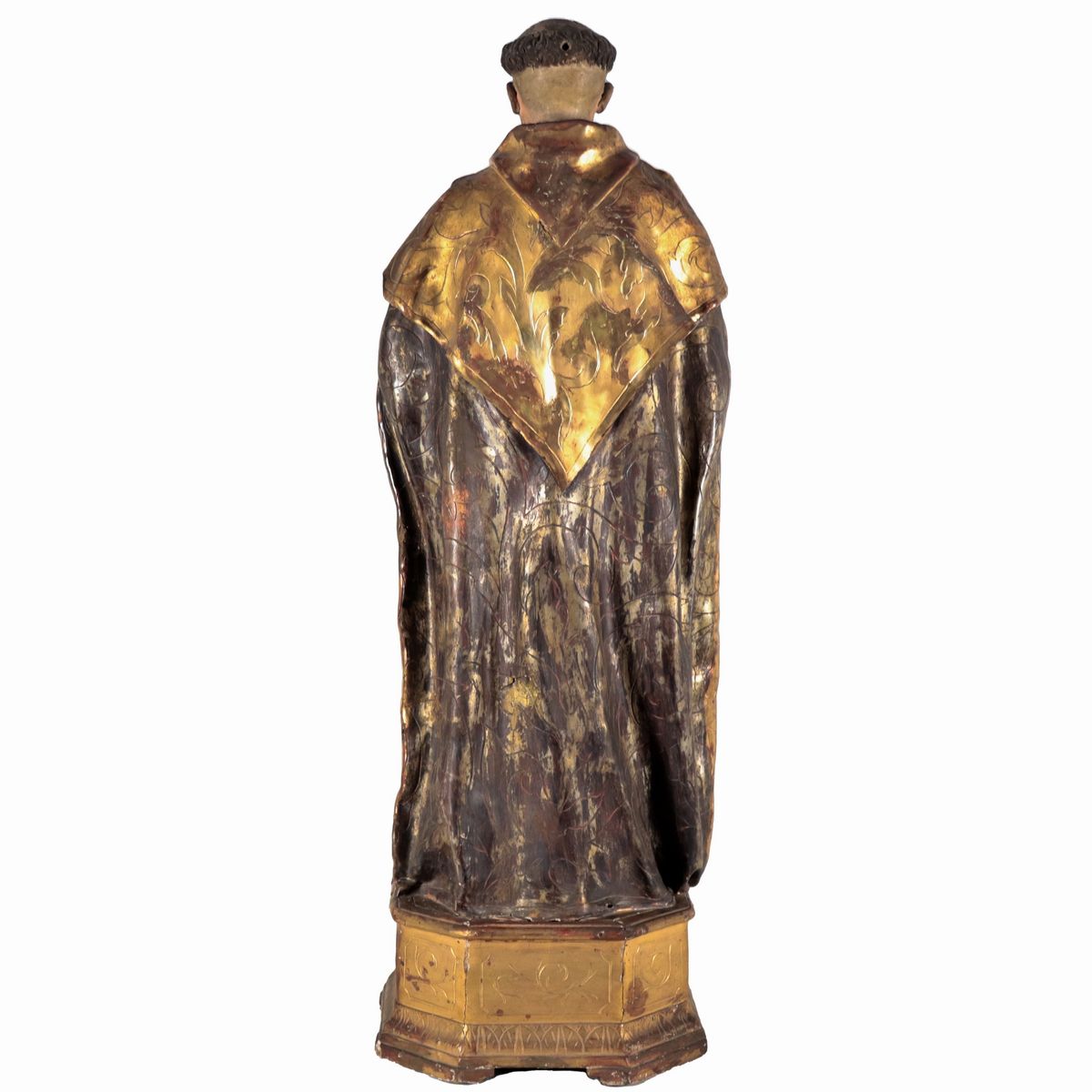"Santo", antica scultura in legno policromo e dorato, mancante di parti delle mani
