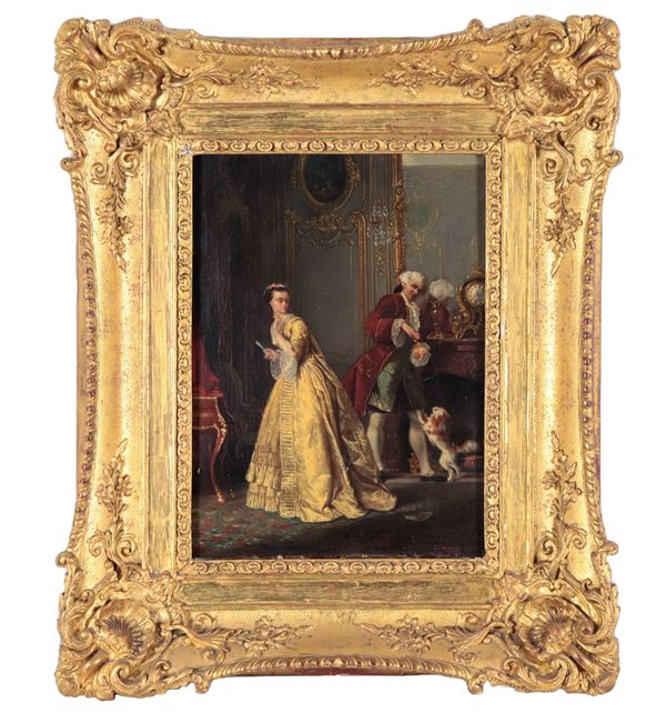 Eug&#232;ne Battaille - Firmato e datato 1853. "Interno di salotto patrizio con scena galante", piccolo dipinto ad olio su tela