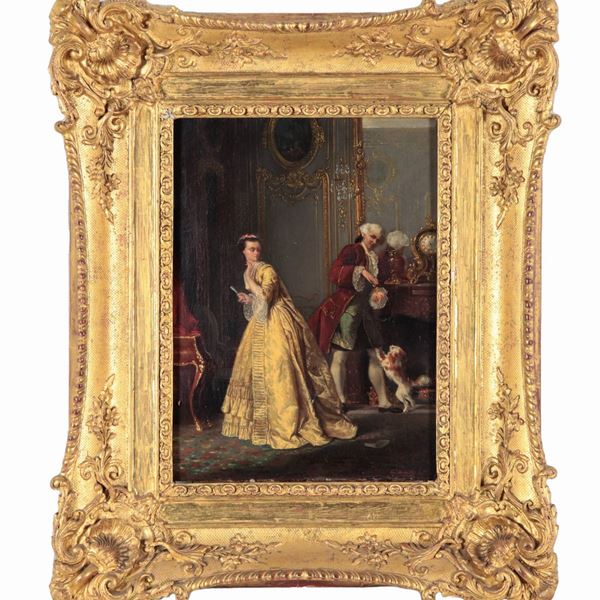 Eug&#232;ne Battaille - Signed and dated 1853. "Interior of a patrician drawing room with gallant scene", small oil painting on canvas