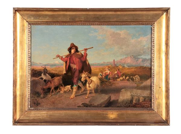 Pio Joris - Firmato. "Il ritorno dei contadini dalla campagna con pastorello e caprette", dipinto ad olio su tela