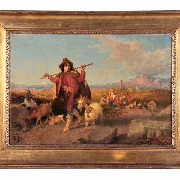 Pio Joris - Signed. "The return of the peasants from the countryside with a shepherd boy and goats", oil painting on canvas