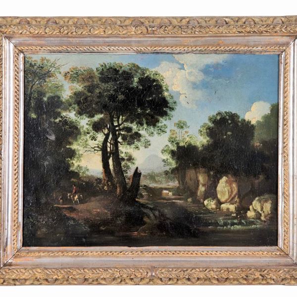 Richard Wilson - Attribuito. "Paesaggio laziale con viandanti e ruscello", dipinto ad olio su tela