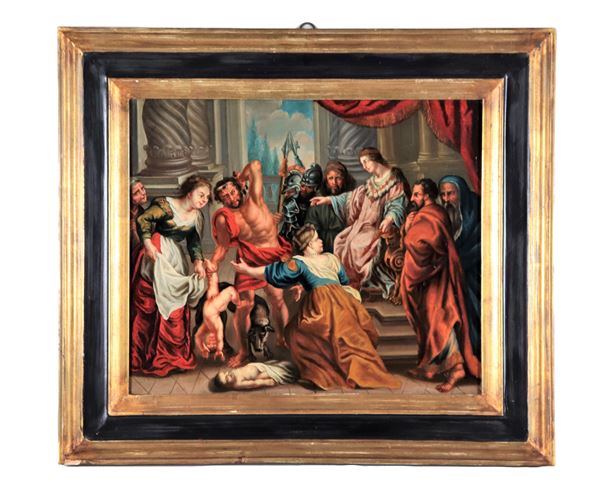 Scuola Italiana Fine XVII Secolo - "The Judgment of King Solomon", luminous oil painting on copper