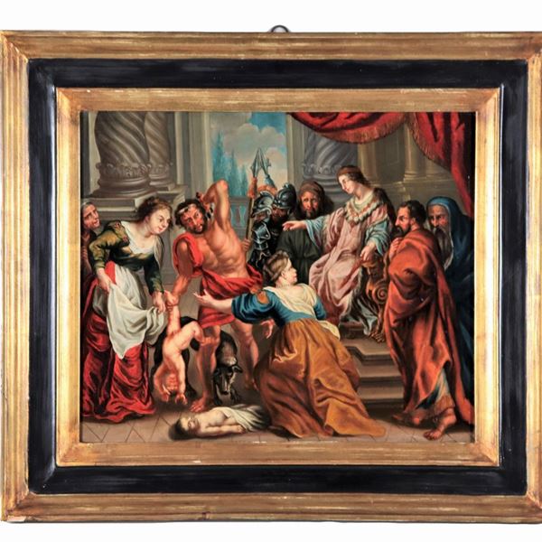 Scuola Italiana Fine XVII Secolo - "The Judgment of King Solomon", luminous oil painting on copper