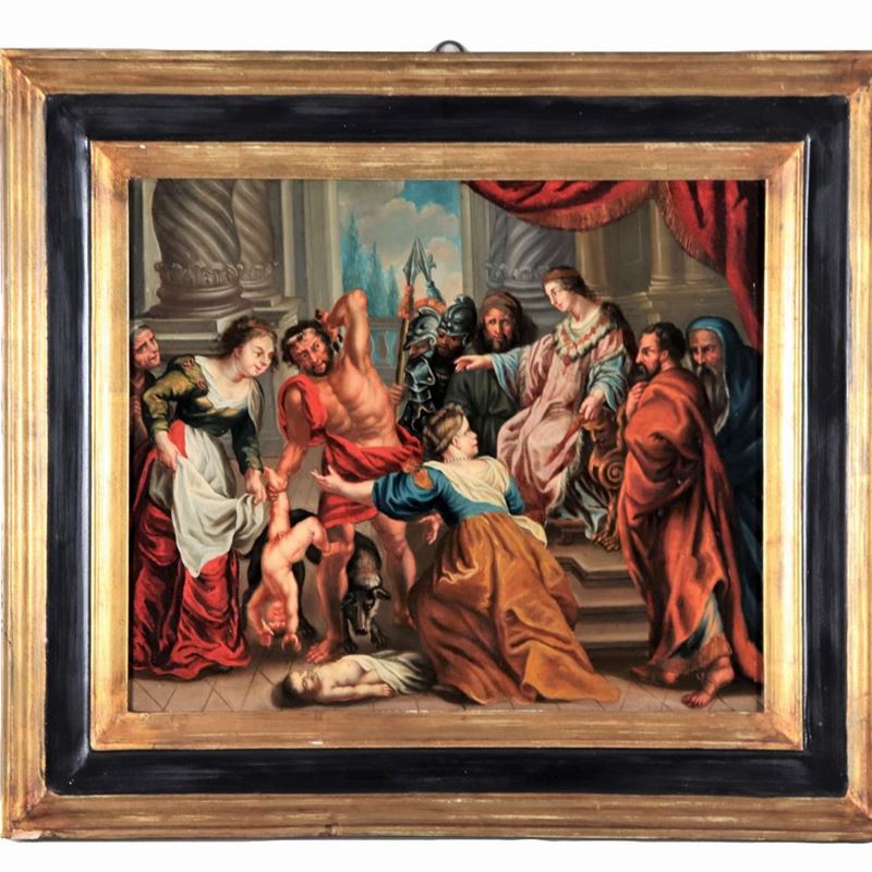 "Il giudizio di Re Salomone", luminoso dipinto ad olio su rame