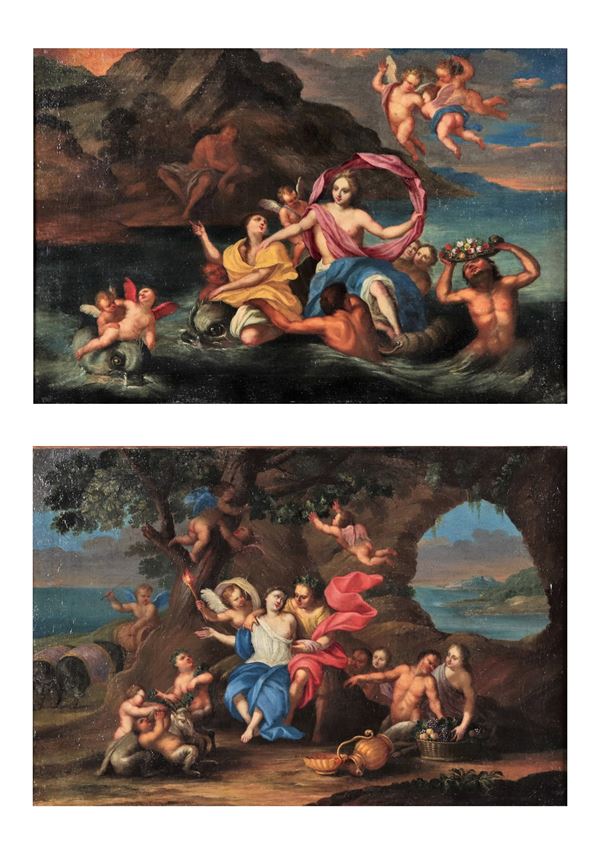 Scuola Bolognese Fine XVII Secolo - "Allegorie mitologiche", coppia di dipinti ad olio su tela