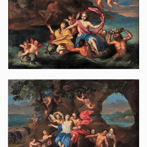 Scuola Bolognese Fine XVII Secolo - "Mythological allegories", pair of oil paintings on canvas