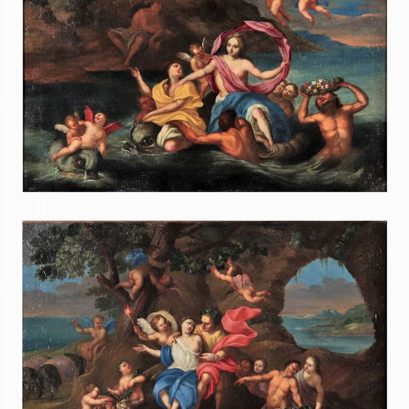 "Allegorie mitologiche", coppia di dipinti ad olio su tela
