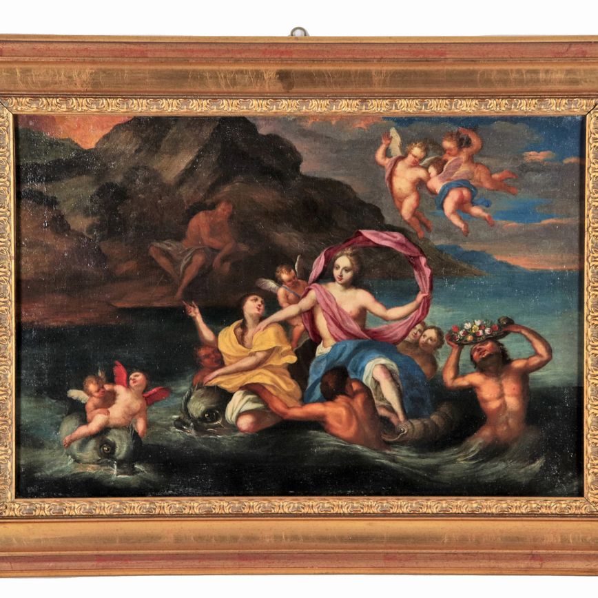 "Allegorie mitologiche", coppia di dipinti ad olio su tela
