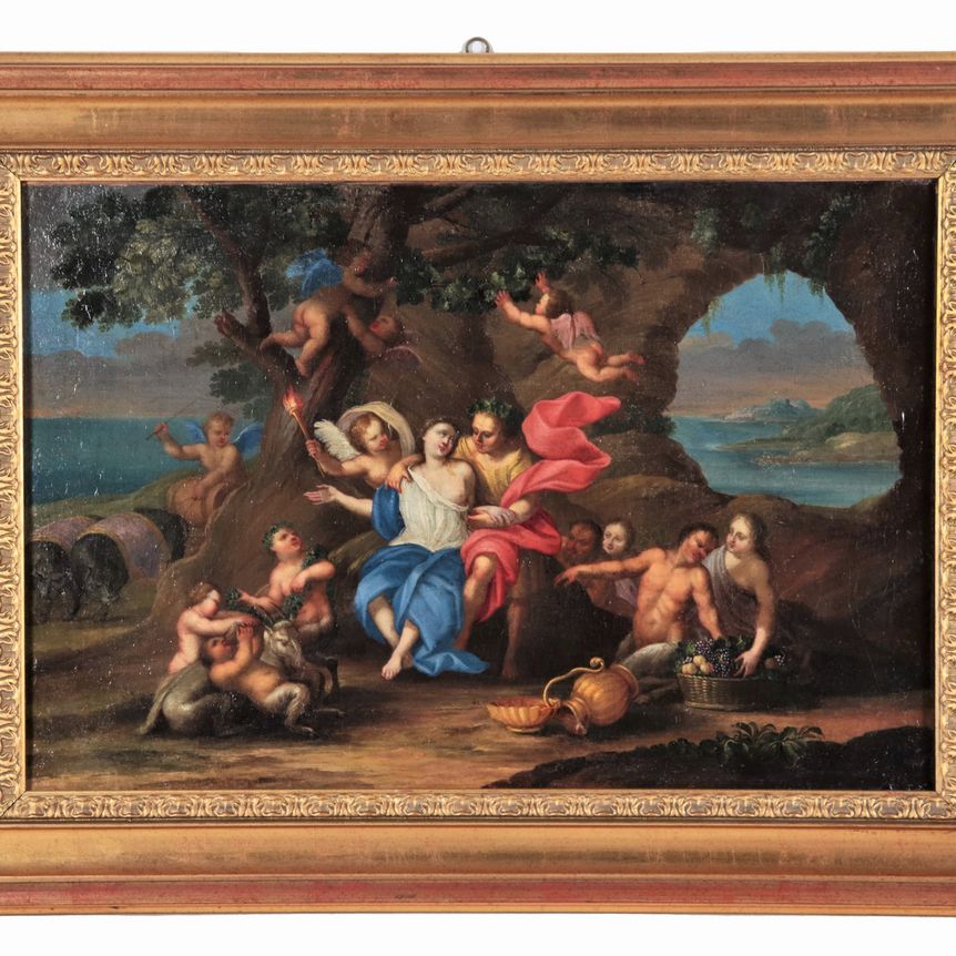 "Allegorie mitologiche", coppia di dipinti ad olio su tela