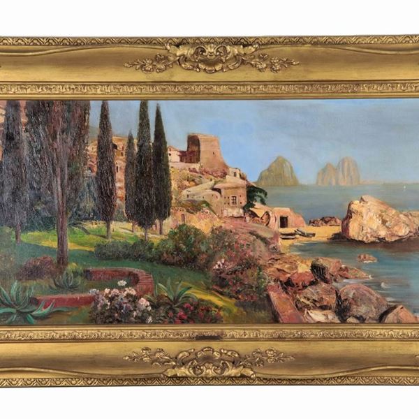Alwin Arnegger - Firmato. "Veduta dei Faraglioni a Capri con Marina Piccola", luminoso dipinto ad olio su tela