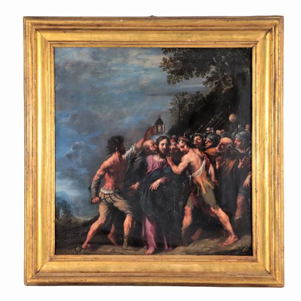 Scuola Italiana Met&#224; XVII Secolo - "Il tradimento di Giuda all'Orto di Getsemani", dipinto ad olio su tavola
