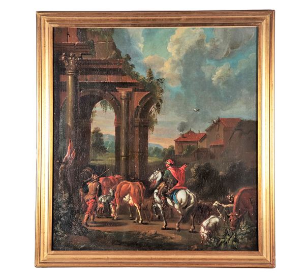 Pittore Bambocciante Fine XVII Secolo - "Veduta di ruderi con cavaliere, carretto e armenti", dipinto ad olio su tela