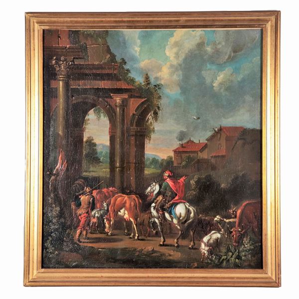 Pittore Bambocciante Fine XVII Secolo - "Veduta di ruderi con cavaliere, carretto e armenti", dipinto ad olio su tela