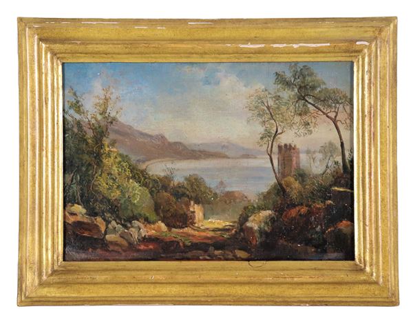 Scuola Italiana Inizio XIX Secolo - "Veduta di lago laziale con torre e paesaggio", piccolo dipinto ad olio su tela