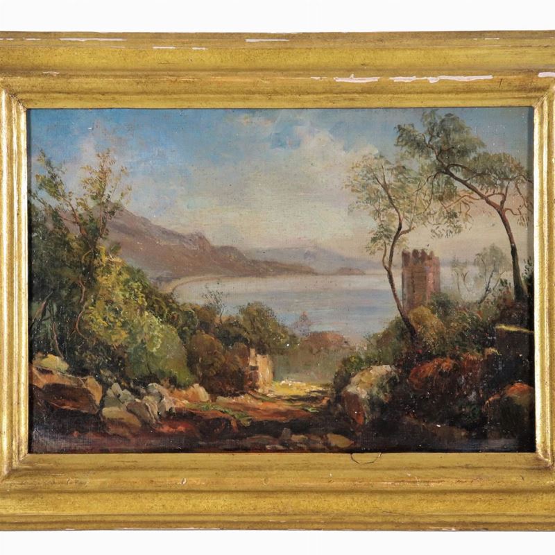 "Veduta di lago laziale con torre e paesaggio", piccolo dipinto ad olio su tela