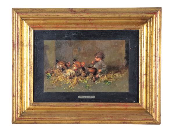 Tito Pellicciotti - Signed. "Child with hens in the farmyard", small oil painting on panel