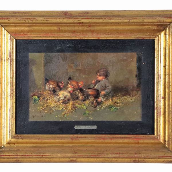 Tito Pellicciotti - Firmato. "Bambino con galline nell'aia", piccolo dipinto ad olio su tavoletta