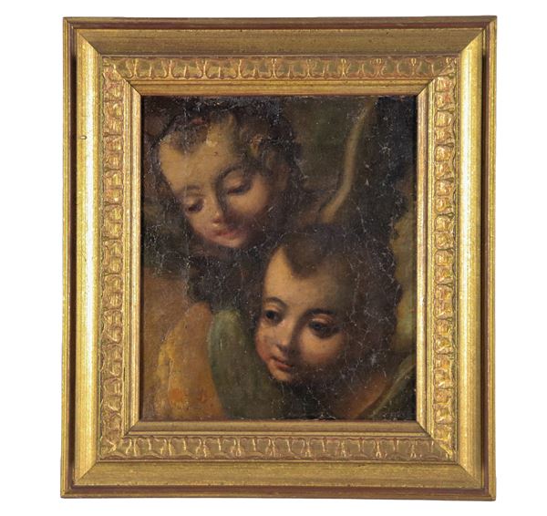 Scuola Romana Fine XVII Secolo - "Faces of two little angels", small oil painting on canvas of excellent pictorial execution