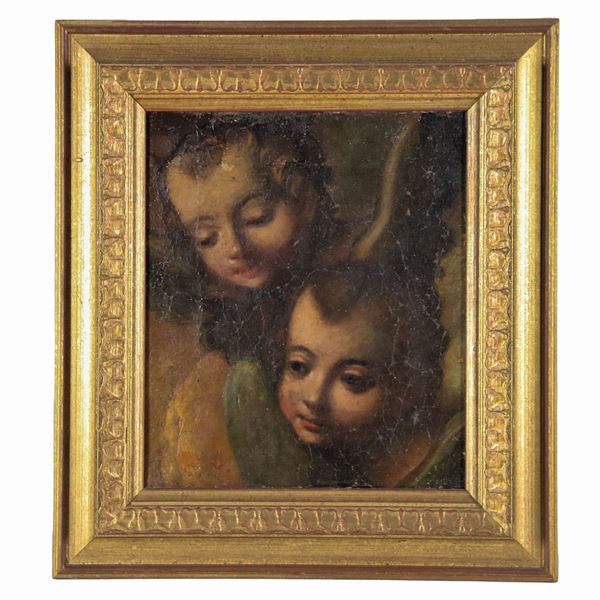 Scuola Romana Fine XVII Secolo - "Volti di due angioletti", piccolo dipinto ad olio su tela di ottima esecuzione pittorica