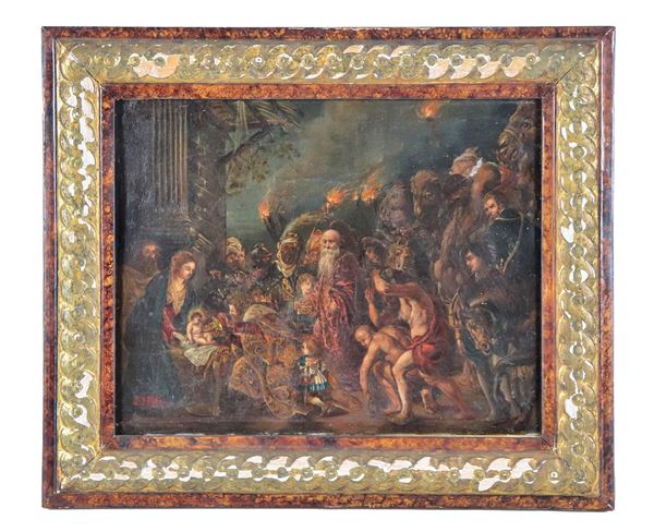 Scuola Italiana XVIII Secolo - "Nativity with the arrival of the Magi", small oil painting on copper