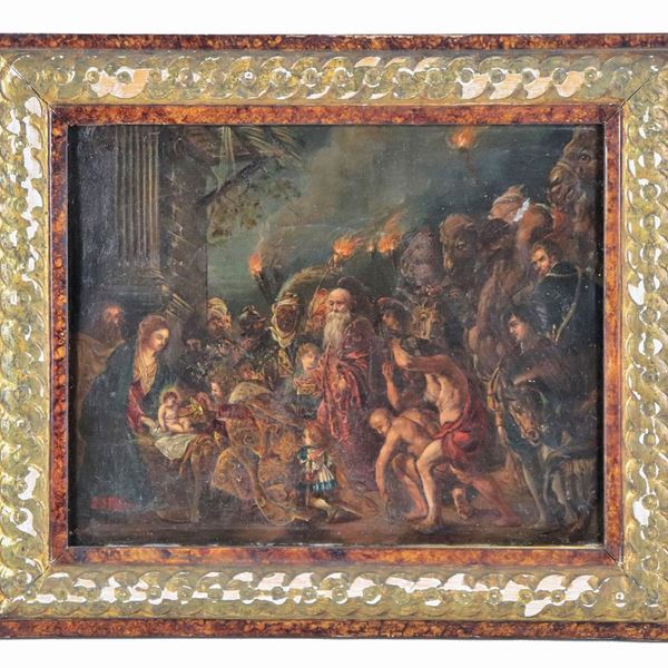 Scuola Italiana XVIII Secolo - "Nativity with the arrival of the Magi", small oil painting on copper