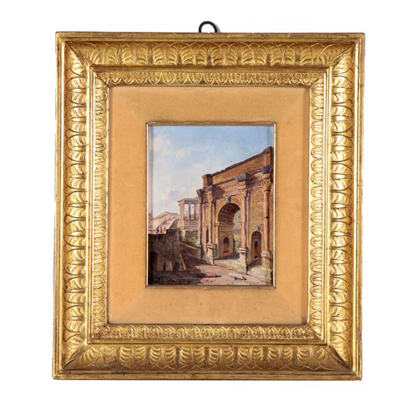 Jacob George Strutt - Firmato e datato 1840. "Veduta dei Fori con l'Arco di Settimio Severo e il Tempio di Saturno", piccolo dipinto ad olio su tela