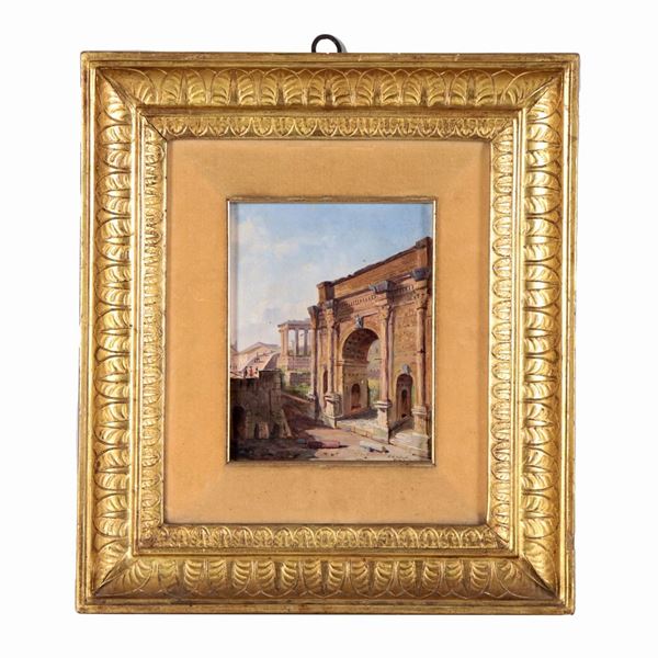 Jacob George Strutt - Firmato e datato 1840. "Veduta dei Fori con l'Arco di Settimio Severo e il Tempio di Saturno", piccolo dipinto ad olio su tela