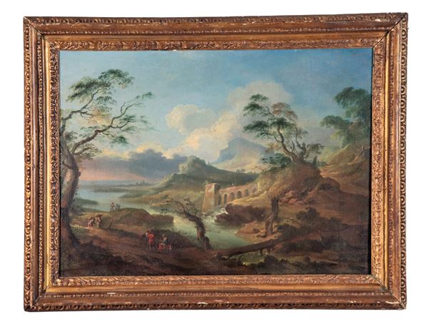 Scuola Romana Inizio XVIII Secolo - "Landscape with watercourse, bridge, farmers and wayfarers", oil painting on panel