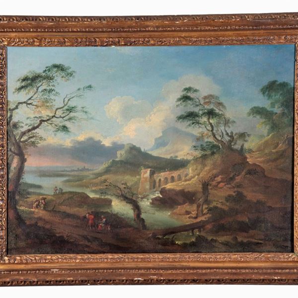Scuola Romana Inizio XVIII Secolo - "Paesaggio con corso d'acqua, ponte, contadini e viandanti", dipinto ad olio su tavola
