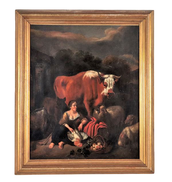 Scuola Napoletana Inizio XVIII Secolo - "La sosta della contadina con gregge, mucca e cesto di frutta", dipinto ad olio su tela