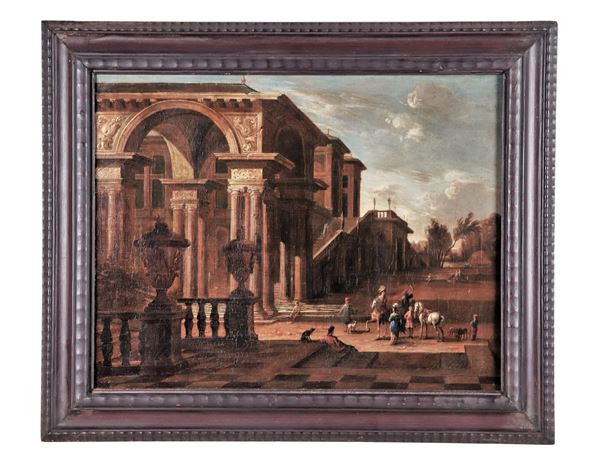 Scuola Veneta Fine XVII Secolo - "Architetture con cavalieri e contadini", dipinto ad olio su tela