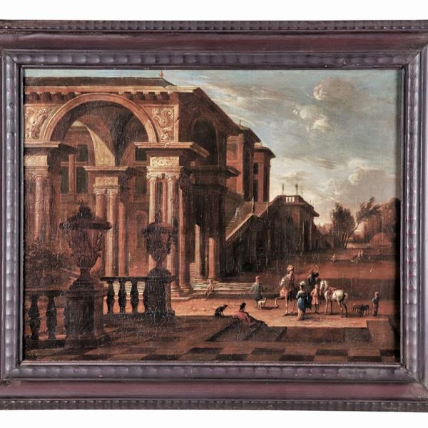 Scuola Veneta Fine XVII Secolo - "Architetture con cavalieri e contadini", dipinto ad olio su tela