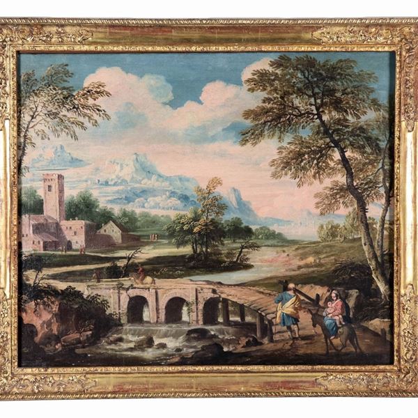 Scuola Italiana Inizio XVIII Secolo - "Paesaggio con la Fuga in Egitto", luminoso dipinto ad olio su tela