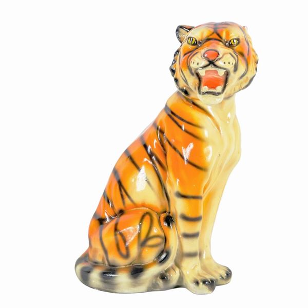 "Tiger Cub", small sculpture in porcelain and glazed ceramic with various polychromes