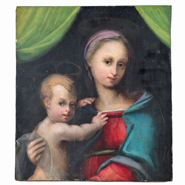 Scuola Toscana Inizio XVII Secolo - "Madonna col Bambino", dipinto ad olio su tavola