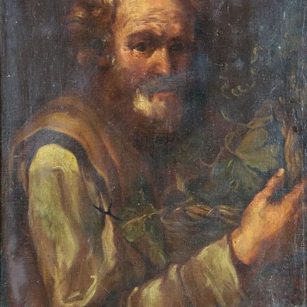 Bernhard Keilhau - Attribuito. "Il vendemmiatore", dipinto ad olio su tela applicata a cartone