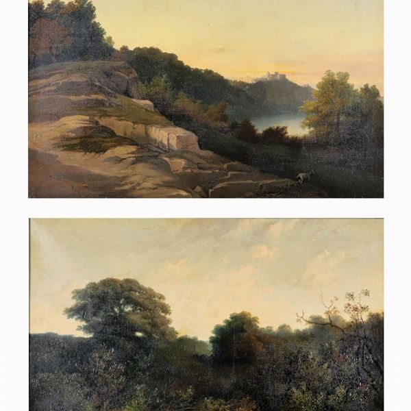 Pittore Francese attivo a Roma XIX Secolo - Siglati J.T. "Veduta del Lago di Albano" e "Veduta boschiva nei pressi del Lago di Albano", coppia di dipinti ad olio su tela