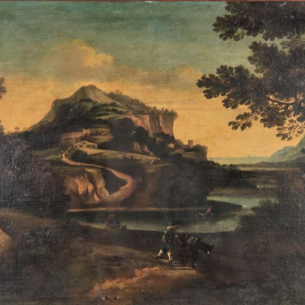 Scuola Romana XVII Secolo - "Landscape with river, village and wayfarer with donkey", oil painting on canvas