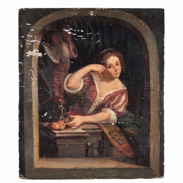 Scuola Fiamminga XIX Secolo - "Young Woman Showing a Jewel", small oil painting on panel