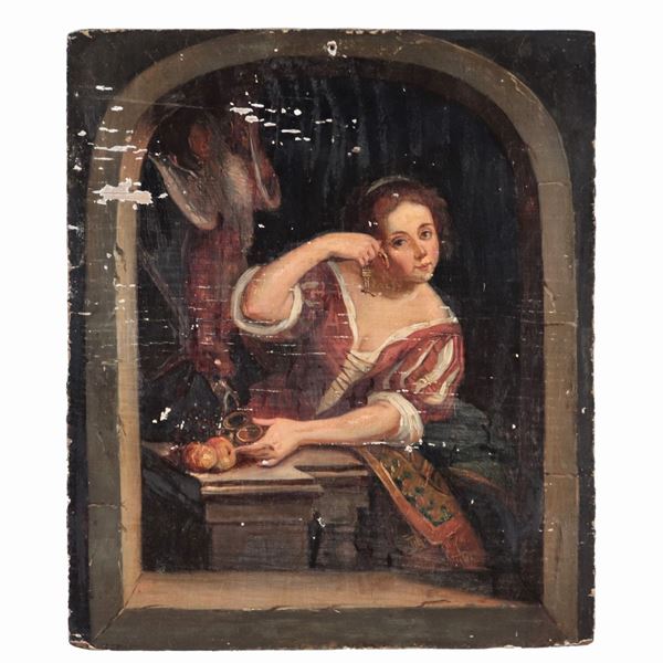Scuola Fiamminga XIX Secolo - "Giovane donna mostra un gioiello", piccolo dipinto ad olio su tavoletta
